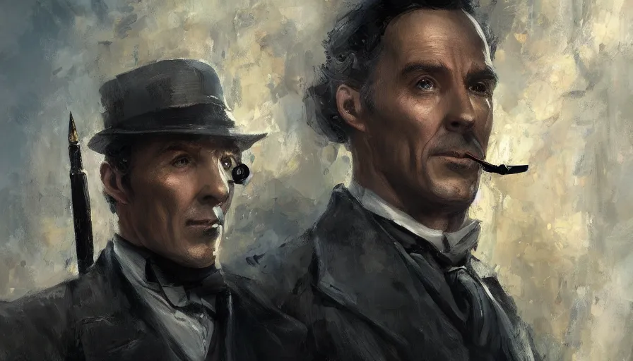 Prompt: sherlock holmes, time, clock, oil painting by jama jurabaev, brush hard, artstation, for aaa game, high quality, brush stroke