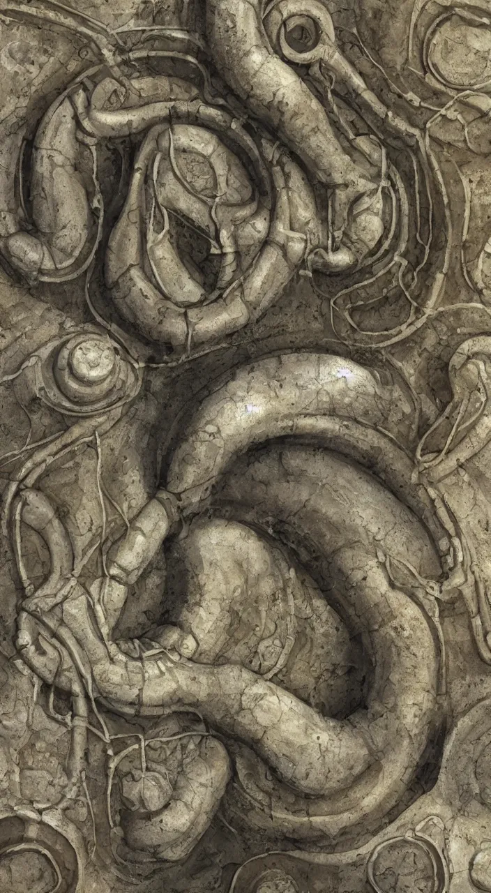 Image similar to a stream of water flowing into a machine made from clay amphoras and producing a coin, in the style of H R Giger, architectural photograph , isometric views, kidneys, marble texture , 8k