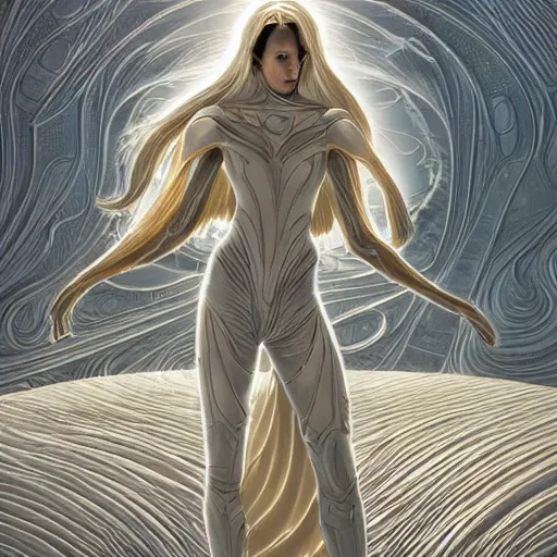 Image similar to ethereal gold and silver tones, dune movie, warrior princess, full body, style of moebius, james jean, mcbess!!!, cinematic, highly detailed, award winning, 8 k photorealistic