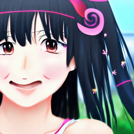 Prompt: photorealistic, a beautiful smiling anime girl with black hair and hime cut, 4K, mspaint, clip studio paint, pixiv source