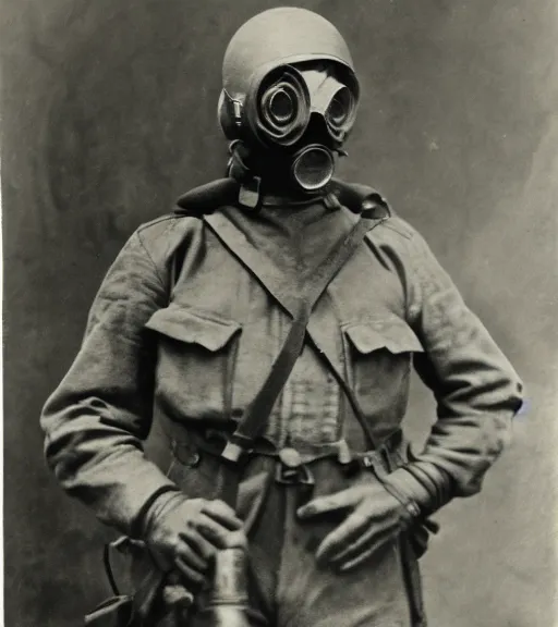 Image similar to a man in a chemical suit and gas mask, ww1 film photo, grainy, high detail, high resolution