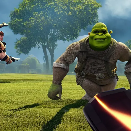 Image similar to ultra wide gameplay screenshot, shrek fighting with steven armstrong ( metal gear ) on a helipad, epic, world record, digital illustration radiating a glowing aura global illumination ray tracing hdr fanart arstation