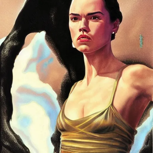 Prompt: daisy ridley, very reflective, boris vallejo style