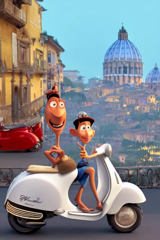 Prompt: portrait of italian in front of a vespa holding white teacup and rome in background, full body. pixar disney 4 k 3 d render funny animation movie oscar winning trending on artstation and behance, ratatouille style