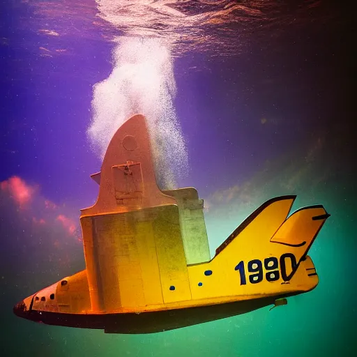 Image similar to dreamlike film photography of a 1920s wooden space shuttle at night underwater in front of colourful underwater clouds by Kim Keever. In the foreground floats a seasnake. low shutter speed, 35mm