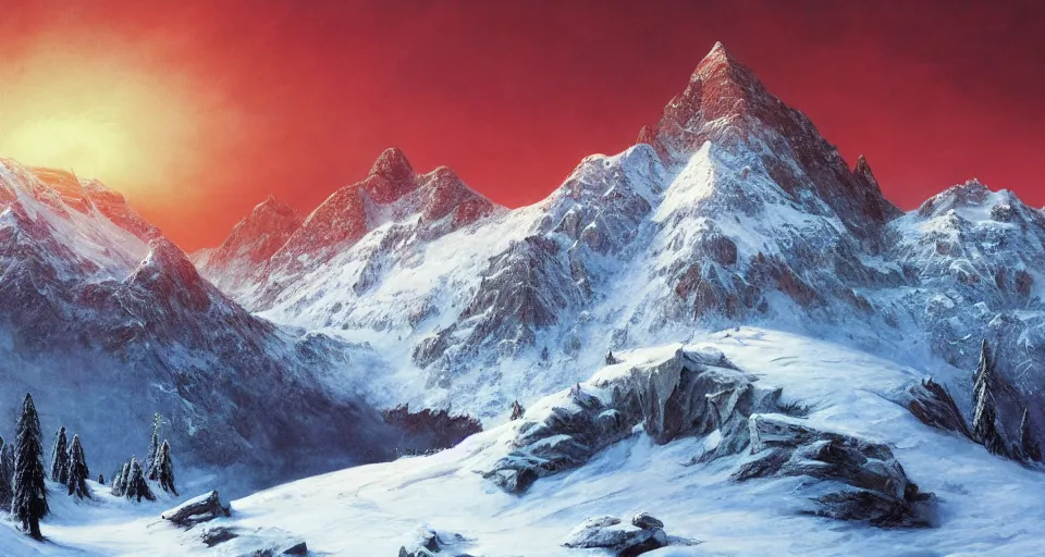 Prompt: snowy mountain, by eugene von guerard, ivan shishkin, black lovecraftian obsidian pyramid!! on a snowy mountaintop, night, red lightning!!, dramatic lighting, concept art, trending on artstation, 8 k