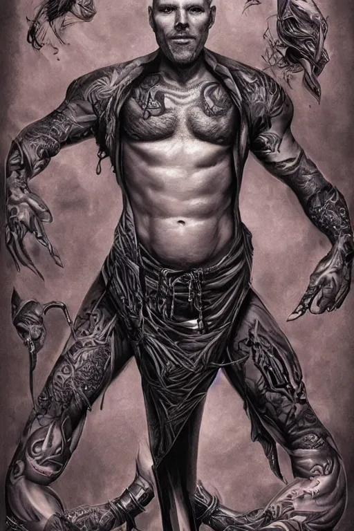 Prompt: Portrait of Bill Burr frontal standing pose torso as a very attractive man heavily Tattoed, all his skin is covered by BIKER tattoos, surrounded by magic lightings overlays, Intricate, concept art, magic lighting overlays, magical portal opened, D&D!, fantasy style, sharp focus!, ultra detailed, art by Artgerm and Peter Andrew Jones, WLUP, Magali Villeneuve