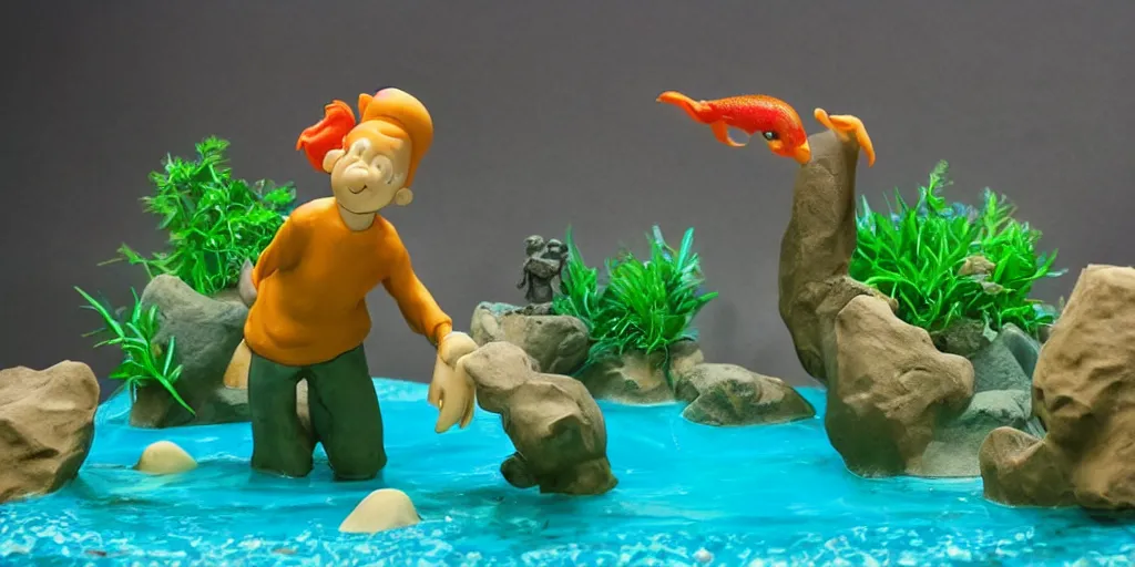 Image similar to plasticine model in water. siamese fighting fish. clay figure. tropical fish tank with sand. astrix and obelisk. tintin. hands. wallace and gromit. figures clay. aquatic photography.