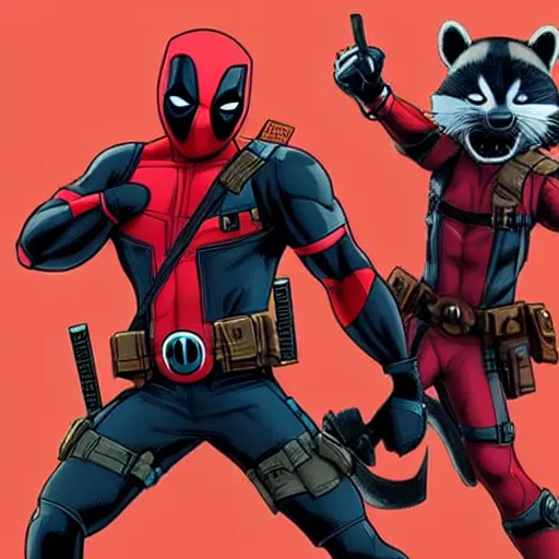 Image similar to deadpool and rocket raccoon together 4 k detailed super realistic