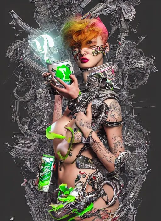 Prompt: duck drinks energy drink monster energy, elegant, sophisticated, fashionable cyberpunk gravure idol, an ultrafine hyperdetailed illustration by kim jung gi, irakli nadar, intricate linework, bright colors, porcelain skin, unreal engine 5 highly rendered, fashion photography, global illumination, radiant light, detailed and intricate environment