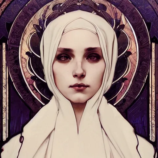 Prompt: art by artgerm and greg rutkowski and alphonse mucha and tom bagshaw, soft painting of a gothic nun blessing flowers in full dress, perfectly detailed, symmetrical intricate sensual features, highly detailed, artstation, sharp focus