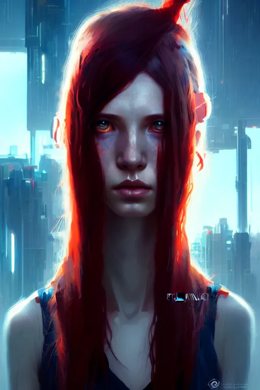 Image similar to a young tall, slender girl, with fiery red hair and bright blue eyes, hyperrealistic face, beautiful eyes, fantasy art, in the style of greg rutkowski, intricate, hyperdetalized, smooth, cyberpunk, tech