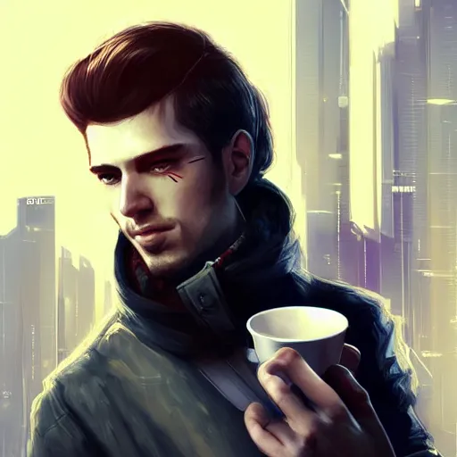 Image similar to portrait of a handsome software engineer having a cup of coffee. cyberpunk style, digital art artstation cgsociety