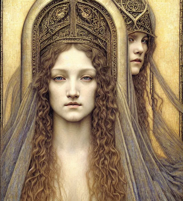 Image similar to detailed realistic beautiful young medieval queen face portrait by jean delville, gustave dore and marco mazzoni, art nouveau, symbolist, visionary, gothic, pre - raphaelite. horizontal symmetry