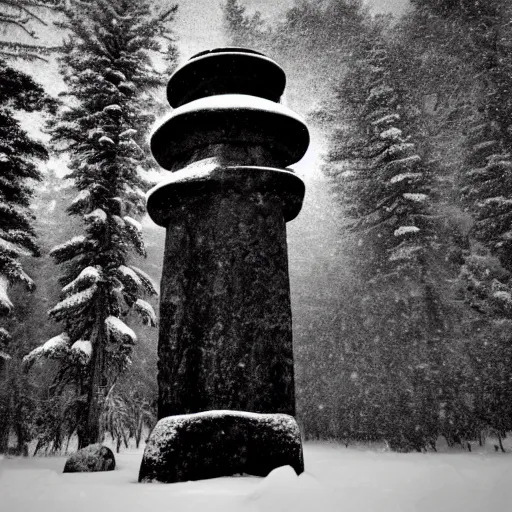 Image similar to a monolithic pillar temple in a taiga. snowing, overcast sky, grainy.