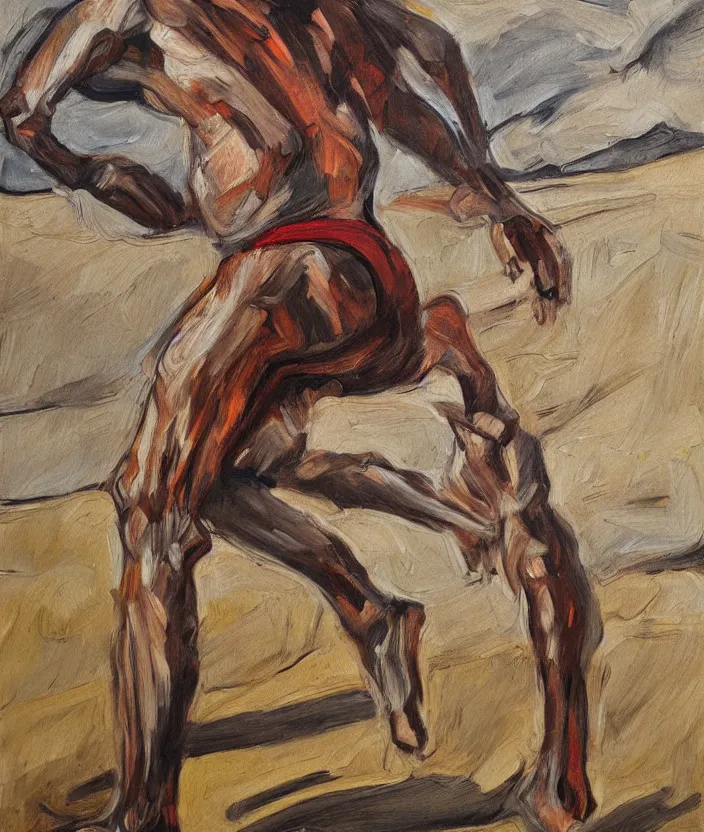 Image similar to indigenous man running, painted by lucian freud, hd, super detailed, realistic, muted colors