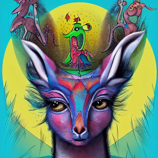 Prompt: a dik dik monster with tattoos wearing a fedora, colorful, digital art, fantasy, magic, trending on artstation, ultra detailed, professional illustration by basil gogos