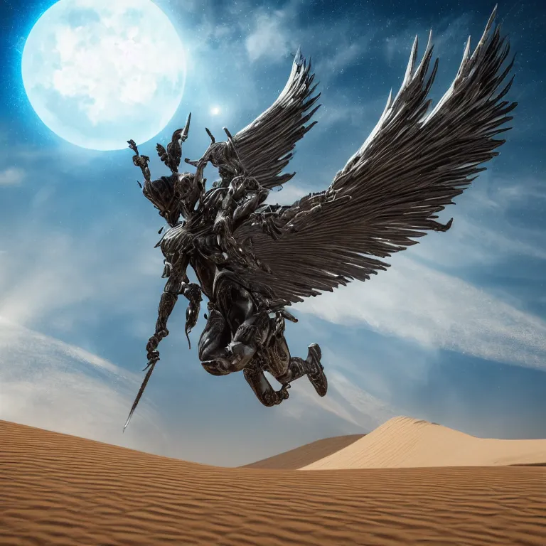 Image similar to detailed silhouette of Archangel Raphael with detailed feathered metallic wings and sword, desert planet orbited by three moons, highly detailed dunes, highly detailed rock formations, sand storm, low camera angle, atmospheric establishing shot, cinematic lighting, octane renderer, 4k,