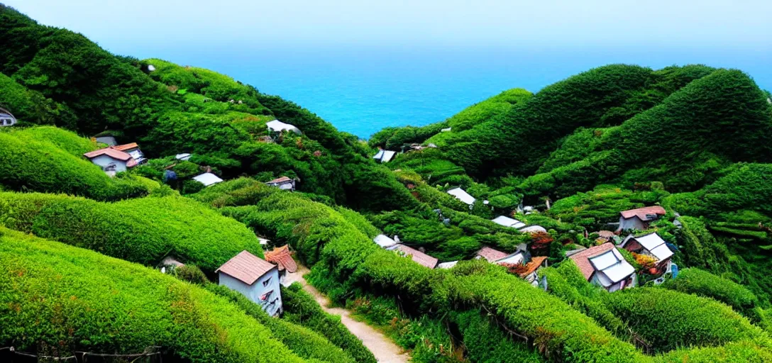 Image similar to studio ghibli hilly countryside and ocean