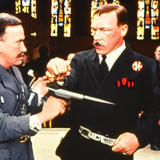 Image similar to hitler knighting schwarzenegger the terminator in a church