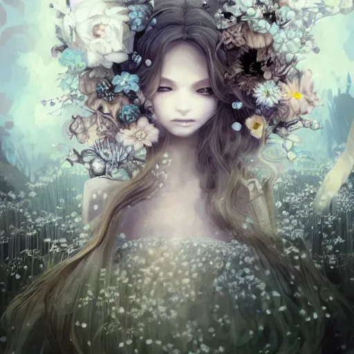Prompt: highly detailed portrait of a young fairy lady with a wavy blonde flowery hair, by Dustin Nguyen, Akihiko Yoshida, Greg Tocchini, Greg Rutkowski, Cliff Chiang, 4k resolution, nier:automata inspired, bravely default inspired, vibrant but dreary but upflifting blue, brown, black and white color scheme!!! ((Enchanted forest background))