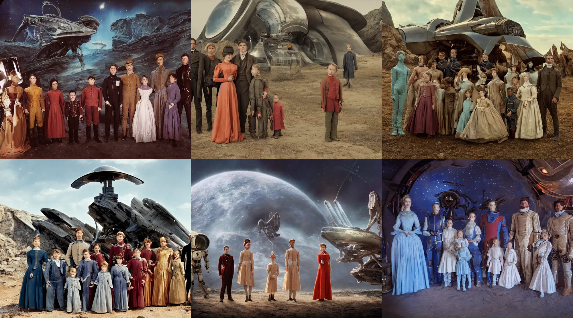 Prompt: sharp, still from a sci fi blockbuster color movie made in 2022, set in 1860, of a family standing in front of a spaceship that has just landed on an alien planet, a humanoid alien creature stands nearby, the family are all wearing 1850s era clothes, cinematic lighting, cinematic camera, 4k, in focus, extremely good quality lighting, good quality photography, A list cast, famous actors, famous actresses, oscar winner