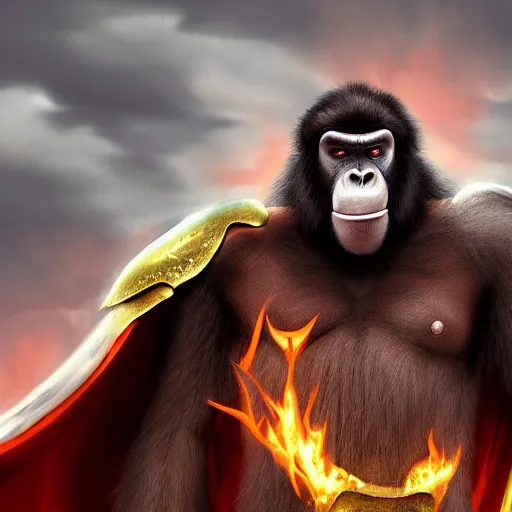 Image similar to fury art, an anthro ape wearing a large cape and a fantasy armor, fiery background, 3 d, 8 k, extremely detailed, trending on furaffinity, trending on artstation, award winning, sharp focus, illustration