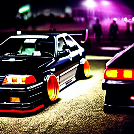 Image similar to a car JZX90 twin turbo drift at illegal car meet, Shibuya prefecture, city midnight mist lights, cinematic lighting, photorealistic, highly detailed wheels, high detail