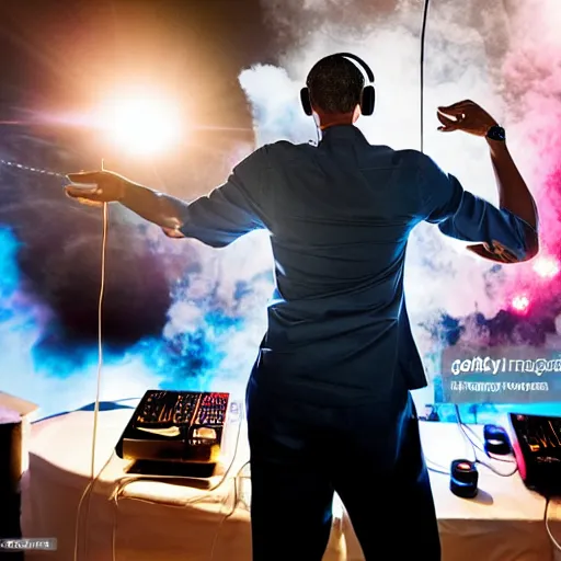 Image similar to professional photograph of president barack Obama DJing a party while wearing headphones, realistic, stock photo, 4K, professional journalistic photography, Getty images.