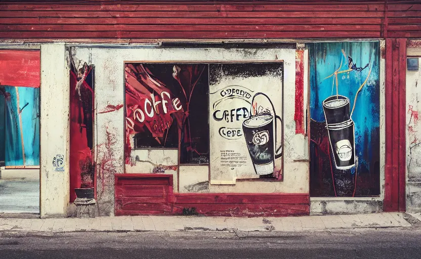 Image similar to a beautiful photo of coffe cup painted on the metal curtain of a shop on the street, artsy advertising