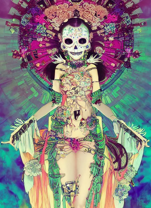 Image similar to cute punk goth fashion hippy fractal Día de los Muertos android girl wearing kimono made of light posing by Zhang Jingna, psychedelic poster art of by Victor Moscoso Rick Griffin Alphonse Mucha Gustav Klimt Ayami Kojima Amano Charlie Bowater, masterpiece