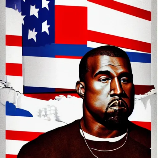 Image similar to Russian Propaganda Soviet illustrated poster of Kanye West as President standing in front of a USA America flag