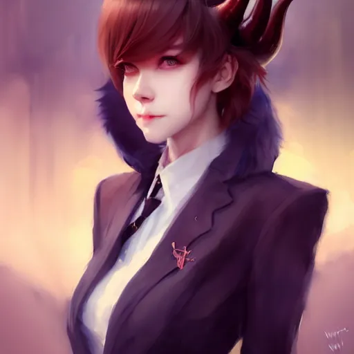 Image similar to character design portrait of a beatiful anthropomorphic furry dragon girl with dragon horns, wearing a suits, looking at the camera, 4 k, concept art, by wlop, wenjun lin, watercolor, ilya kuvshinov, artgerm, krenz cushart, pixiv.