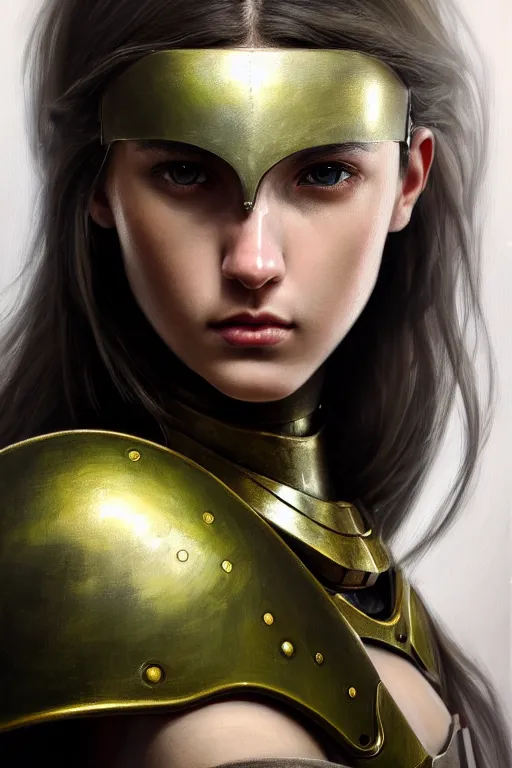 Image similar to a photorealistic painting of an attractive young girl, partially clothed in metal-plated battle armor, olive skin, long dark hair, beautiful bone structure, symmetrical face, perfect eyes, intricate, elegant, digital painting, concept art, illustration, sharp focus, minimal artifacts, from Metal Gear, in the style of Ruan Jia and Mandy Jurgens and Greg Rutkowski, trending on Artstation, award winning