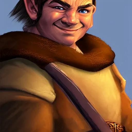 Image similar to baldurs gate 2 portrait of a male halfling cleric with defined cheekbones, dark blonde hair tied in a ponytail, wearing a brown and white robe with a white and brown cloak, wry smile