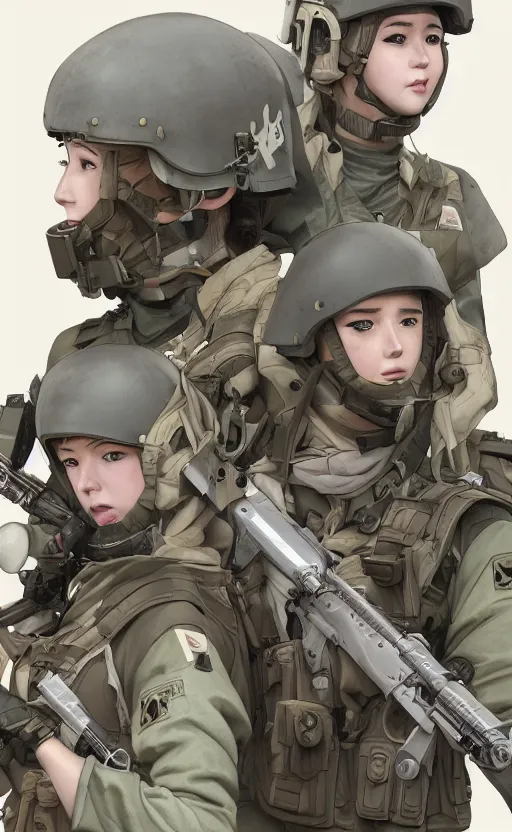 Image similar to mechanized female infantry squad, urban warfare, soldier clothing, combat helmet, anime style, short hair, hair down, symmetrical facial features, from arknights, hyper realistic, 4 k, rule of thirds, extreme detail, detailed drawing, trending artstation, hd, tarkov, realistic lighting, by alphonse mucha, greg rutkowski, sharp focus, backlit