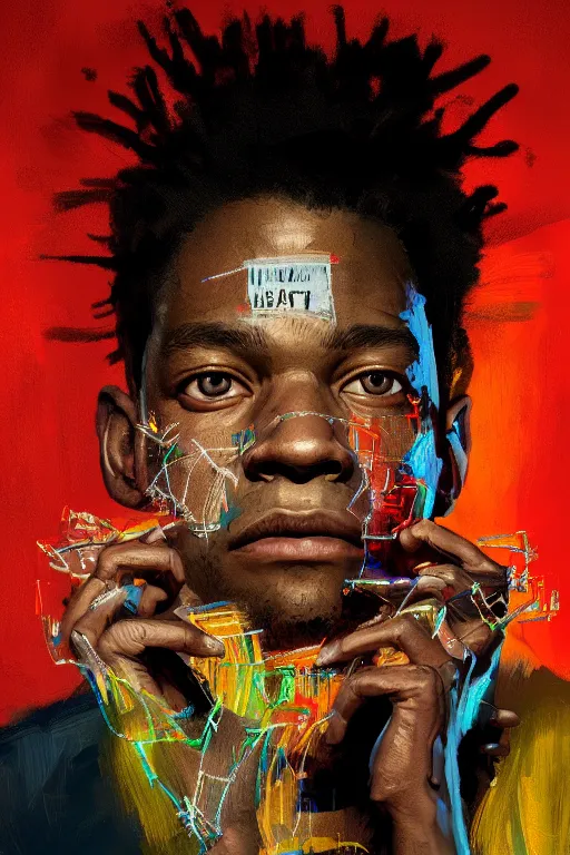 Image similar to portrait of jean basquiat, intricate, elegant, glowing lights, highly detailed, digital painting, artstation, sharp focus, illustration, art by wlop, mars ravelo and greg rutkowski