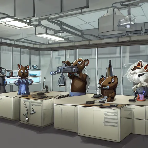 Image similar to highly detailed weapons laboratory, clean and organized, quantum technology, with anthropomorphic furry researchers, tables, parts, windows, sci fi, Extremely detailed digital art, furry art, furaffinity, DeviantArt, HD artstation