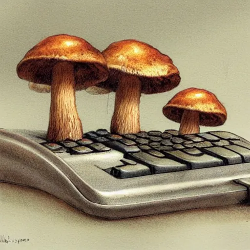 Prompt: mushrooms as keys on computer keyboard, by jean - baptiste monge