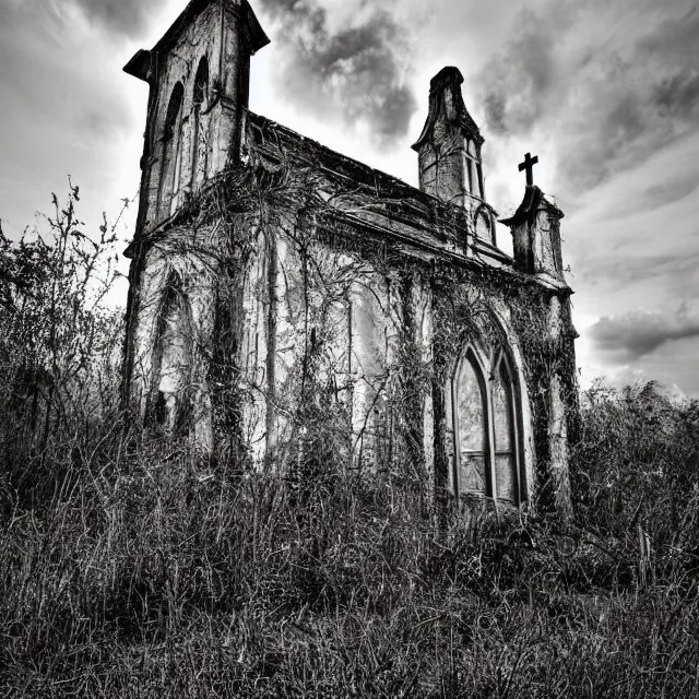 Image similar to abandoned church with overgrown vegetation, vintage infra red photograph