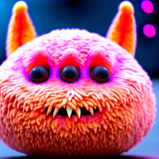 Image similar to an alien with a face that looks like a fuzzy peach the peach is fuzzy pink warm and ripe the alien has horns and a mean smile the alien has chicken feet cruel smile, 4k, highly detailed, high quality, amazing, high particle effects, glowing, majestic, soft lighting, detailed background