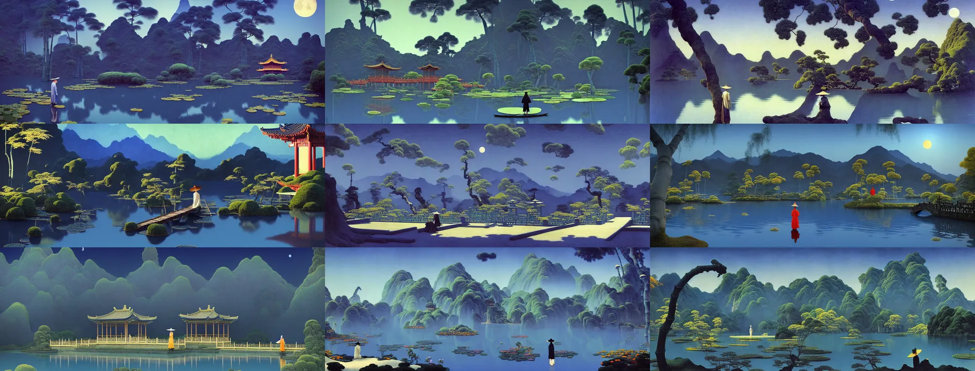 Prompt: a gorgeous landscape painting by barlowe wayne maxfield parrish and marco mazzoni. chinese temple. drak blue night sky. just one winter moon!! just one lonely chinese wuxia with bamboo hat walks on the winding steps. blooming lotus lake!! ultra clear detailed. 3 d, octane render. turbulent blood lake.