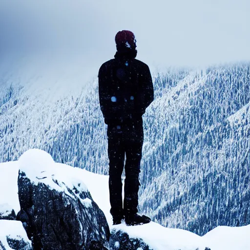 Image similar to man on snowy mountain, simple, mysterious