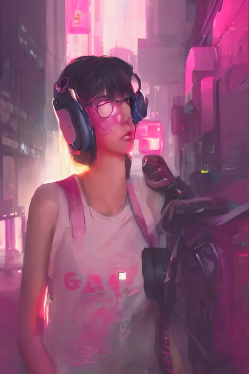 Prompt: gamer girl with a pink headset, city street, cyberpunk, harsh neon lights, highly detailed, sharp focus, digital painting, illustration, trending on artstation, art by sakimichan, wlop, greg rutkowski