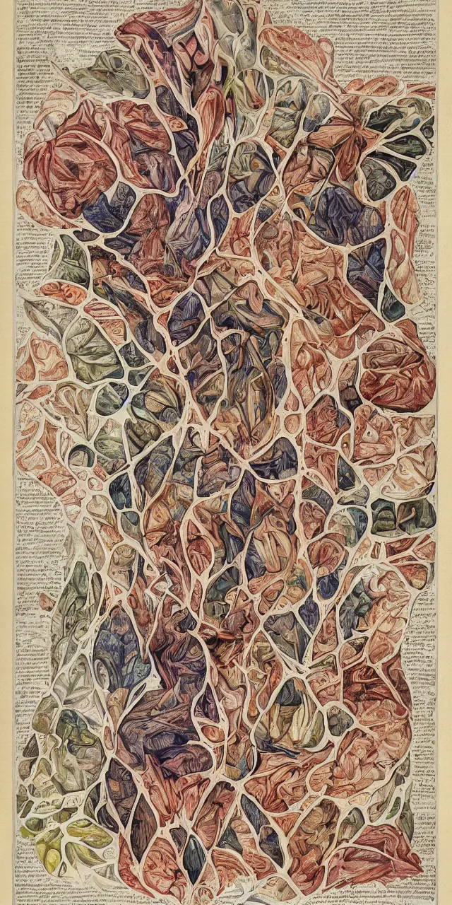 Prompt: an open page of the voronoi manuscript, depicting a digital painting of human anatomy, extremely detailed, professional, epic highlights, full colors