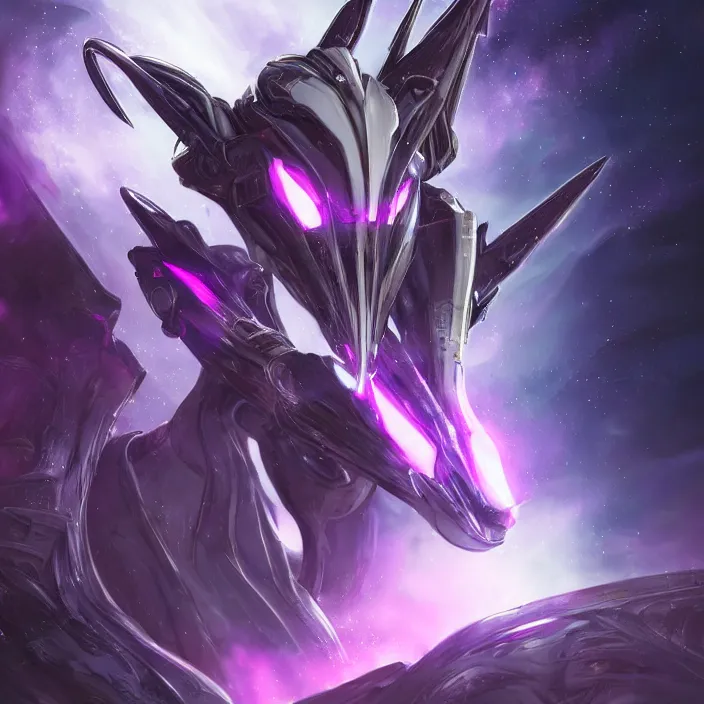 Image similar to cinematic close shot, cosmic sized proportional stunning beautiful hot female warframe, detailed sleek robot mecha female dragon head, metal ears glowing purple eyes, sleek silver armor, fuschia skin, floating in empty space, nebula sized, epic proportions, epic size, epic scale, furry art, dragon art, giantess art, warframe fanart, furaffinity, deviantart