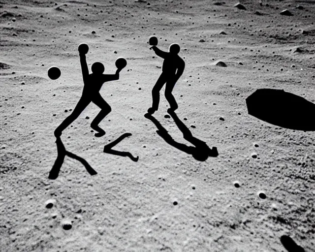 Prompt: two astronauts playing basketball on the surface of moon
