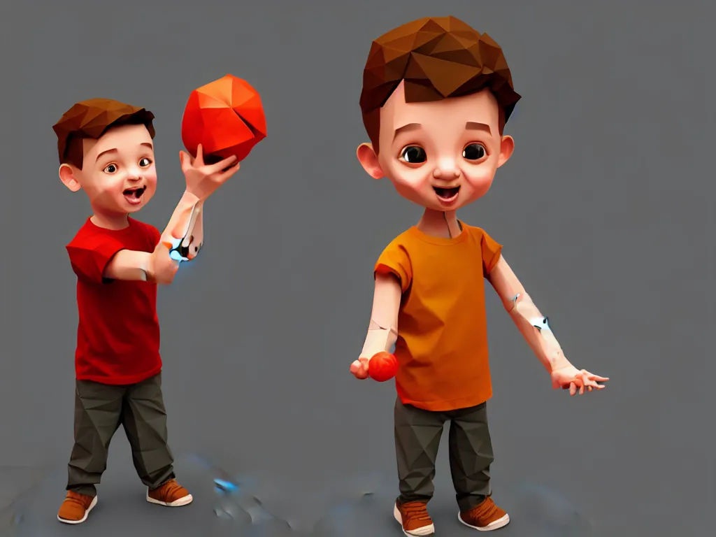 Prompt: a young boy holding a toy, rolled up sleeves, character design, low poly, pinterest, 4 k