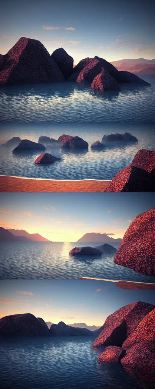 Image similar to super detailed color lowpoly art, northern sunset with rocks on front, monochrome photorealistic bay in the middle of perspective and mountains at background, big graphic ship in random point of bay, unreal engine, high contrast color palette, 3 d render, lowpoly, colorful, digital art, perspective, robb cobb