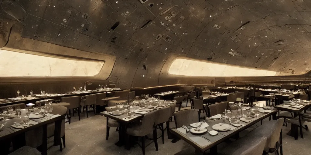 Prompt: a scenic view of the restaurant at the end of the universe, interstellar, Hubble, 1950's style restaurant, cinematic,